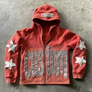 Winter Men's <b>Hoodies</b> Custom Logo <b>500</b> <b>Gsm</b> Heavyweight Thick Cropped Zipper Vintage Acid Wash Distressed Embroidered Patch Hoodie - Product Image 1