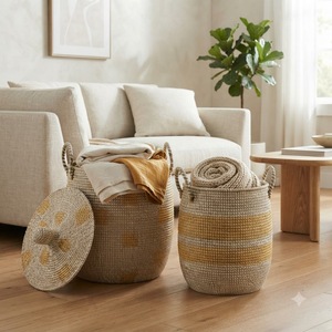 Panier à linge rond en jonc de mer naturel fait main, panier de rangement tressé, organisateur de maison écologique personnalisé, commande en gros - Product Image 4