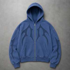 Sudadera con capucha azul para hombre, con cremallera, de forro polar, corte regular, diseño geométrico, informal, para invierno, con bolsillo frontal de algodón, lavado ácido - Product Image 1