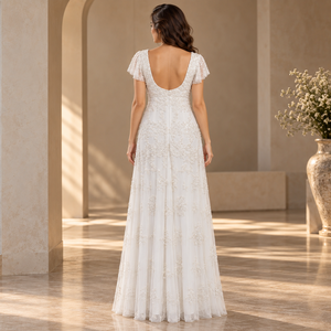 Modern Ivory <b>White</b> Detailed Evening Gown Flutter Sleeve Scoop Neck Floral Sequins | Floor Length A-Line <b>Dress</b> with <b>Sheer</b> Overlay - Product Image 3