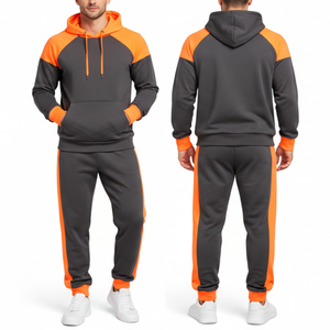 ชุดวอร์มผู้ชายสีเทาเข้มและสีส้มนีออนแบบขายส่ง – เสื้อฮู้ดแขนราแกลนพร้อมปลายแขนเสื้อแบบตัดกัน กางเกงเข้าชุด ชุดกีฬา - Product Image 3