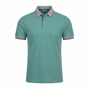 Polo en piqué de coton uni pour homme, manches courtes, décontracté, respirant, tissu tricoté, coupe classique, vert avec col à bordure grise - Product Image 1