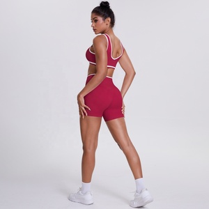<b>Red</b> Two-Piece Yoga Set Racerback <b>Crop</b> <b>Top</b> High Waist Shorts Contrast Binding Seamless Stretchable Workout Wear - Product Image 2