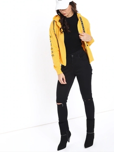 Sudadera con Capucha Amarilla para Mujer, Color Sólido, Estampado de Letras, Manga Larga, Estilo Casual de Otoño, 100% Algodón Tejido, Corte Regular - Product Image 3