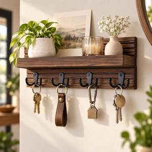 Wooden Wall Mounted <b>Coat</b> <b>Rack</b> with <b>Shelf</b> and Hooks Rustic Entryway Organizer Key Holder Storage <b>Rack</b> Home Decor - Product Image 4