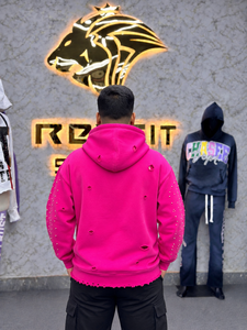 Custom Streetwear <b>Men's</b> <b>Pink</b> Hooded Zip-Up <b>Sweatshirt</b> Oversized Fleece Streetwear Autumn Style Rhinestone Letter Print - Product Image 2
