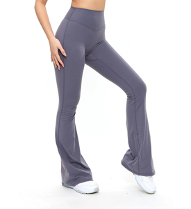 Pantalon de yoga évasé taille mi-haute, couleur unie simple, en polyester/nylon extensible dans les quatre sens, longueur intégrale, pour femme, tenue de fitness - Product Image 1