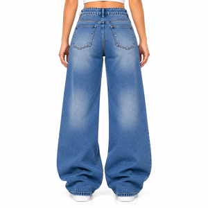 <b>Women's</b> Blue Washed Breathable Full Length Wide Leg Denim <b>Jeans</b> High Waist <b>Baggy</b> Loose Fit Casual Pants - Product Image 4