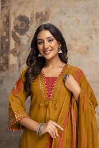 Elegant Ochre Brown 60x60 Cotton Applique Work <b>Kurta</b> Pant Dupatta Set with Coral Floral Motifs <b>for</b> <b>Women</b> Ethnic Party Wear - Product Image 4