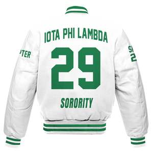 Chaqueta Universitaria Personalizada Iota Phi Lambda para Mujer, Chaqueta Bomber con Letras Blancas, Escudo, Número y Año de la Hermandad - Product Image 6