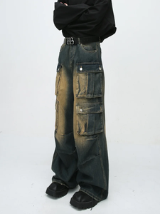 High Waist Cargo <b>Jeans</b> <b>Men</b> Bleach Stone Wash Denim Patchwork Loose Fit Streetwear Style Midweight Cotton Pants Autumn - Product Image 3