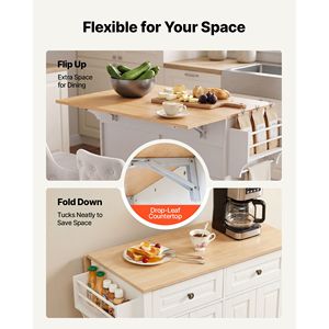 Îlot de cuisine en bois massif avec rangement, chariot mobile de 43,58 pouces de large avec roulettes pivotantes, 2 tiroirs et armoire de rangement - Product Image 4