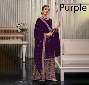 Salwar Kameez de Seda Bordado en Morado para Mujer, Traje Tradicional para Bodas, N.° 1448-I, Largo hasta el Tobillo, Corte Regular - Product Image 1