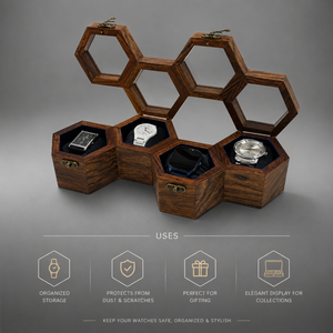 Boîte à montres en bois nid d'abeille de luxe pour 4 montres |   Boîte de rangement hexagonale en bois de rose indien |   Cadeau de rangement haut de gamme pour hommes - Product Image 3