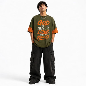 Camiseta Extra Grande para Hombre, Verde Oliva y Naranja, Cuello Redondo, Manga Corta, Diseño Casual con Letras Estampadas, Algodón Jersey - Product Image 3