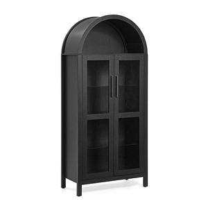 Mobiletto Contenitore Moderno Stile Retrò con Arco Alto, Vetrina Espositiva con Lampada Regolabile, Struttura in Legno e Divisori in Vetro per la Casa - Product Image 3