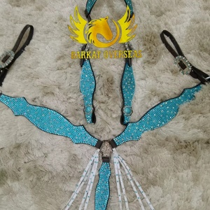 Custom Turquoise Rhinestones Crystal Bling Genuine Leather Horse Tack Set Lightweight Seasonal for comfy Horse riding Equipment - Product Image 1