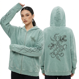 เสื้อฮู้ดดี้สีเทาเข้มแบบย้อมสีเอซิดสำหรับผู้หญิง ลายกราฟิกกะโหลกอุตสาหกรรมพร้อมแถบเตือน แขนเสื้อแบบมีลาย  ทรงโอเวอร์ไซส์ ผ้าฟลีซ - Product Image 5