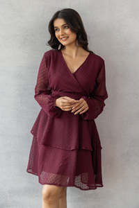 Elegante Vestido Midi Cruzado de Gasa Borgoña con Bordado, Manga Larga, Cuello en V, Ajustado, Estilo Otoñal, Hermoso Vestido de Fiesta - Product Image 4