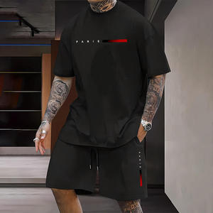Ensemble T-shirt et short décontracté d'été pour homme, blanc, en coton, imprimé sérigraphié, col rond, tenue deux pièces respirante en maille, vêtements de sport - Product Image 2