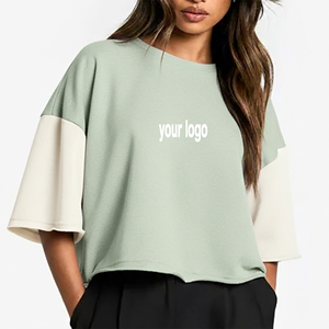 Nouveau T-shirt court de luxe bicolore pour femme, coupe ample 220 GSM, épaules tombantes, logo imprimé DTF personnalisé, streetwear 100 % coton - Product Image 1