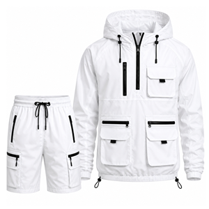 Grace Collection Men's Sporty Streetwear Solid Printed Hooded Quarter-Zip Fleece Jacket Shorts <b>Set</b> Quick Dry 300g Winter - Product Image 2