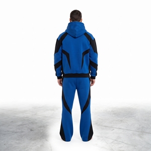 Mens Blue <b>Black</b> Color Block Tracksuit Set <b>Zip</b> Up <b>Hoodie</b> Jacket Flared Pants Custom Streetwear Sportswear - Product Image 2