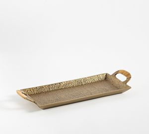 Wholesale Luxury Rectangular Gold Hammered Dining Tray Bulk Metal Hotel Restaurant Serving Platter Elegant Rattan Handle Tablewa - Product Image 2