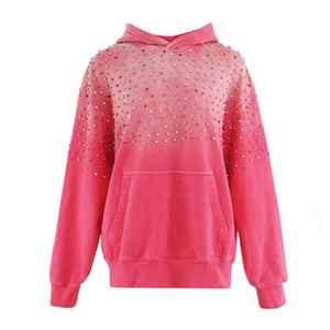Sweat à capuche de qualité supérieure, personnalisé OEM, avec lettres brodées en coton et patch en cuir, effet vieilli, délavé soleil et strass brillants - Product Image 2