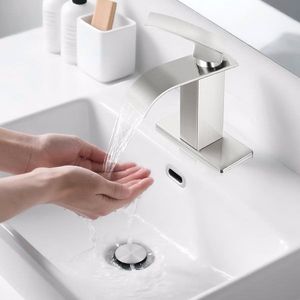 Robinet de lavabo en acier inoxydable à poignée unique, design monotrou avec finition nickel brossé pour salle de bain - Product Image 4
