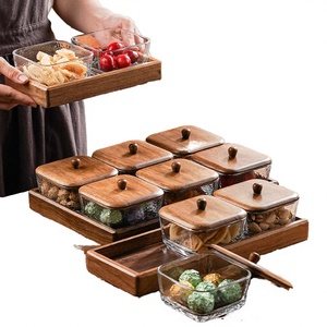 Modern Walnut Wood Serving Tray Square Glass Nut Bowl with Lid <b>Snack</b> Dried Fruit Wood Plate - Product Image 3