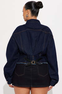 Women's Dark Wash <b>Denim</b> <b>Jacket</b> <b>Crop</b> Top Loose Fit Button Front Casual Autumn Style Solid Color Cotton Woven Coat - Product Image 2