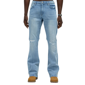 Vaqueros casuales de hombre, de peso medio, transpirables, azul claro, con efecto desgastado, corte bootcut, rotos en la rodilla, cinco bolsillos, estilo Y2K, para invierno - Product Image 1
