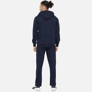 Men's Navy Blue Striped <b>Tracksuit</b> Full Length Zipper Hooded Casual Regular Fit Autumn Wear Breathable Polyester Cotton - Product Image 2