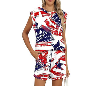 Wholesale Women Vintage Pattern Solid Casual Summer Lace <b>Ankle</b> Button O-Neck Short Sleeve Outdoor Athletic Matching Sets 100% - Product Image 1