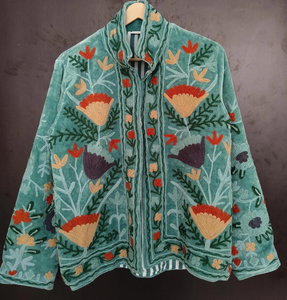 Superbe velours turquoise tricoté, broderie Suzani, travail artisanal floral au point Crewel, style bohème chic ethnique en coton - Product Image 1