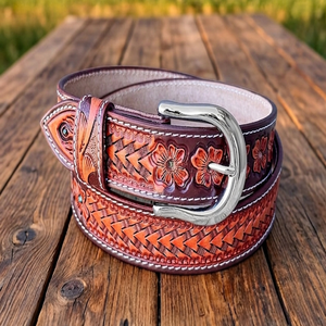 Custom Wholesale <b>Men</b> Women <b>Western</b> Leather Tooling <b>Belt</b> Floral Embossed Stylish Tooled Leather <b>Belt</b> for Unisex - Product Image 3