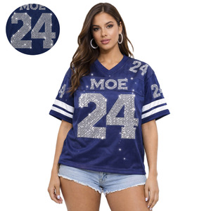 Maillot de football américain personnalisé avec strass, t-shirt de football en maille à séchage rapide 100 % polyester, t-shirt streetwear hip-hop scintillant - Product Image 1