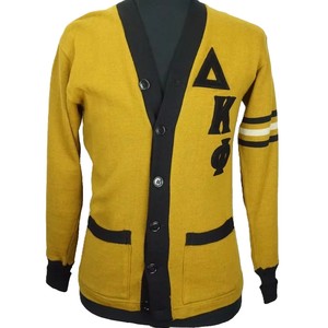Cárdigan de punto grueso para hombre, amarillo, de lana/cachemira/algodón, con logotipos personalizados, diseño Delta para letras Phi, mangas sólidas de manga larga - Product Image 1