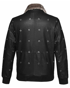 Veste de motard en cuir véritable pour homme de haute qualité, col en fausse fourrure, fermeture éclair, style moto, épaisse, noire, 220g, pour l'hiver - Product Image 5
