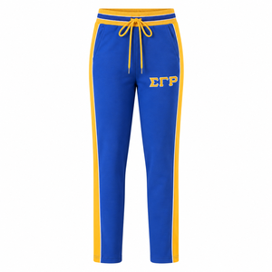 Pantalones Deportivos Azul Rey para Mujer con Rayas Laterales Amarillo Dorado, Bordado de Letras Griegas, Cintura Elástica con Cordón Ajustable, Pierna Recta - Product Image 3