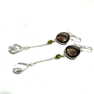 Natural Smoky Quartz <b>Crystal</b> Quartz Peridot Dangle Earring 925 Sterling Silver Handmade Gemstone Designer Drop Earring Unisex - Product Image 1