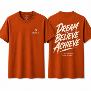 Camiseta de Manga Corta para Hombre, Color Naranja, Cuello Redondo, Corte Regular, Diseño con Letras Estampadas, Ropa Casual, 100% Algodón, Marca Sangita Garments - Product Image 1