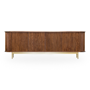 ชั้นวางทีวีโลหะสไตล์โมเดิร์นกลางศตวรรษ Chandni พร้อมแผ่นไม้แนวตั้งและตู้เก็บของฐานสีทองสำหรับเฟอร์นิเจอร์ห้องนั่งเล่นในอพาร์ตเมนต์ - Product Image 1