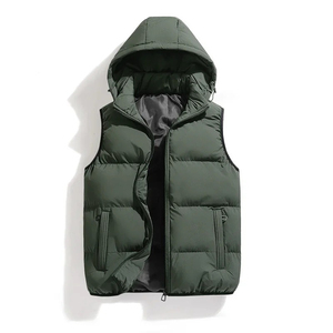 Chaleco Acolchado con Capucha para Hombre, Color Verde Oliva, Cierre de Cremallera, Cortavientos, Transpirable, Informal, Ropa de Invierno con Bolsillos, 100% Poliéster - Product Image 1