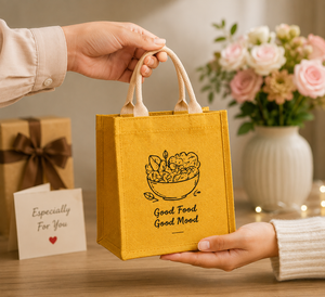 Sac à déjeuner en jute écologique, imprimé « Good Food Good Mood », jaune, durable, réutilisable, sac cadeau pour pique-nique, bureau, voyage - Product Image 4