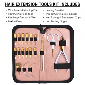Kit d'outils professionnels pour extensions capillaires : Pince à micro-anneaux, Anneau de séparation, Ciseaux de coupe, Aiguilles en C, Pinces bec de canard - Product Image 2