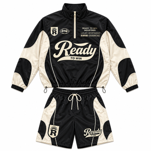 Conjunto Deportivo Ready To Win Industries Unisex Negro Crema Poliéster Deportivo con Cierre de Cremallera y Pantalones Cortos Transpirables para Primavera Adulto - Product Image 1