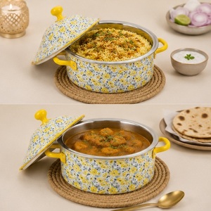 Casserole classique jaune à motifs floraux en émail, pot isotherme à double paroi en acier inoxydable, chauffe-plat vintage à motifs floraux pour la restauration - Product Image 4
