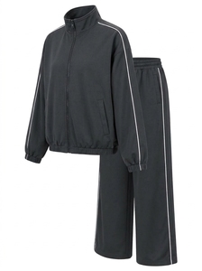 Ensemble de survêtement unisexe noir ample à manches longues avec fermeture éclair, col montant, coupe décontractée, respirant, style sportif, couleur unie, pour adulte - Product Image 3